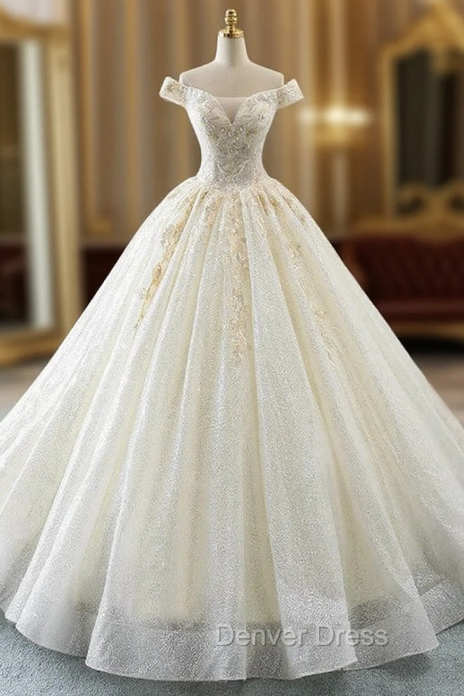 Champagne Ball Gown Off The Shoulder Tulle Sequins Wedding Dresses Main image