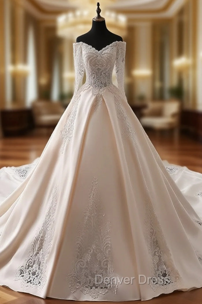 Champagne Ball Gown Satin Appliques Off The Shoulder Wedding Dresses Main image