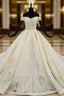Champagne Ball Gown Satin Off the Shoulder Appliques Wedding Dresses