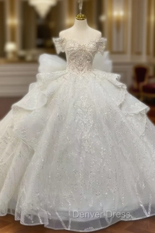 Champagne Ball Gown Sequins Gold Sequins Appliques Off the Shoulder Wedding Dresses