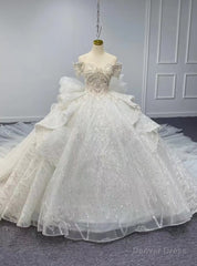 Champagne Ball Gown Sequins Gold Sequins Appliques Off the Shoulder Wedding Dress