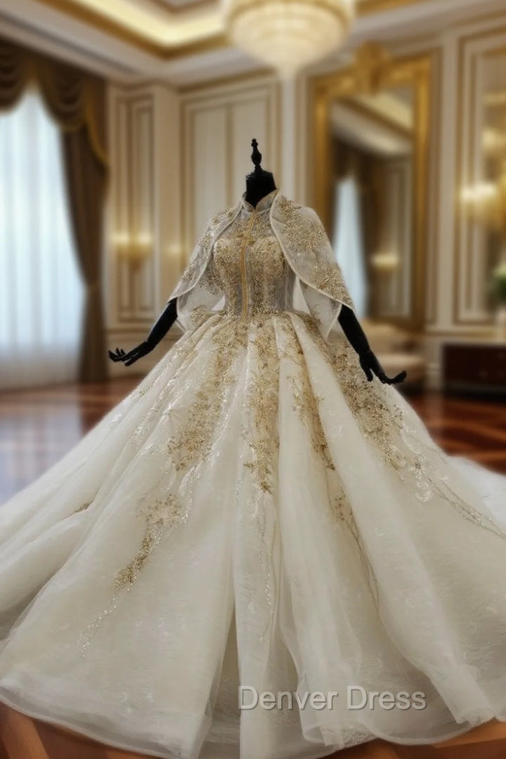 Champagne Ball Gown Tulle Appliques High Neck Short Sleeve Wedding Dresses Main image