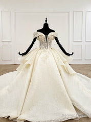 Champagne Ball Gown Tulle Appliques Off the Shoulder Wedding Dress With Long Train