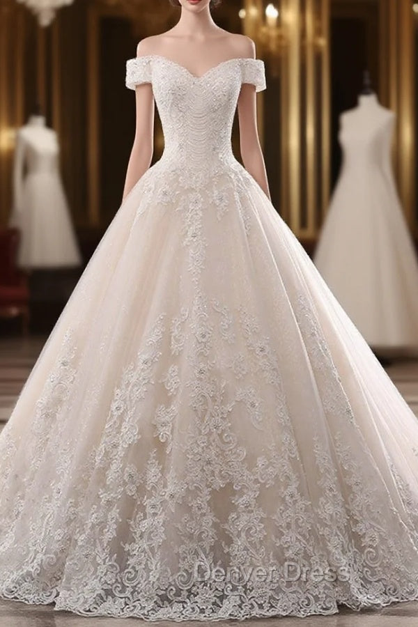 Champagne Ball Gown Tulle Appliques Off The Shoulder Wedding Dresses Main image