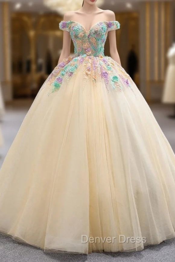Champagne Ball Gown Tulle Colorful Appliques Prom Dresses Main image
