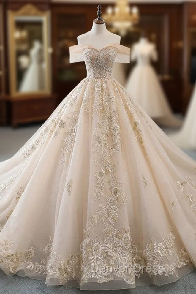 Champagne Ball Gown Tulle Lace Appliques Off The Shoulder Haute Couture Wedding Dresses Main image
