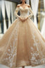 Champagne Ball Gown Tulle Lace Appliques Off The Shoulder Long Sleeve Prom Dresses