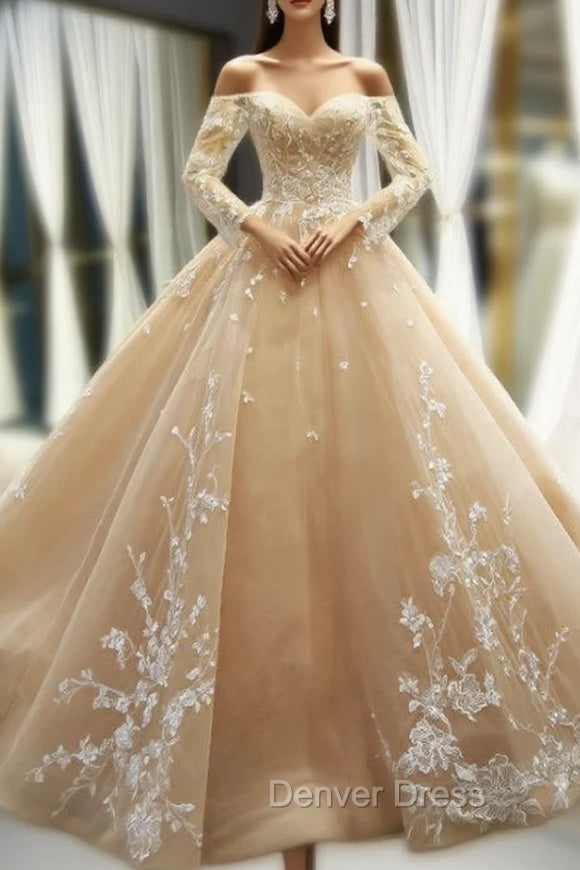 Champagne Ball Gowns Tulle Lace Appliques Off The Shoulder Long Sleeve Prom Dresses