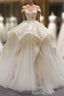 Champagne Ball Gowns Tulle Lace Off The Shoulder Prom Dresses