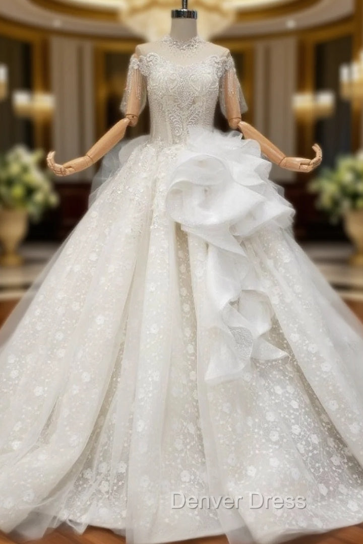 Champagne Ball Gowns Tulle Lace Off the Shoulder Short Sleeve Wedding Dresses Main image