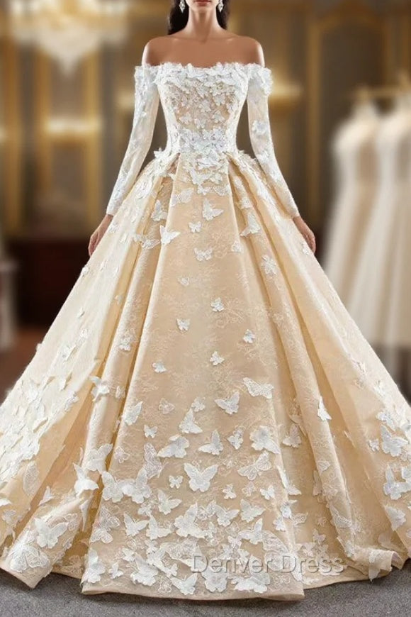 Champagne Ball Gowns Tulle Off the Shoulder Appliques Long Sleeve Prom Dresses