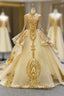 Champagne Ball Gowns Tulle Sequins Appliques High Neck Prom Dresses