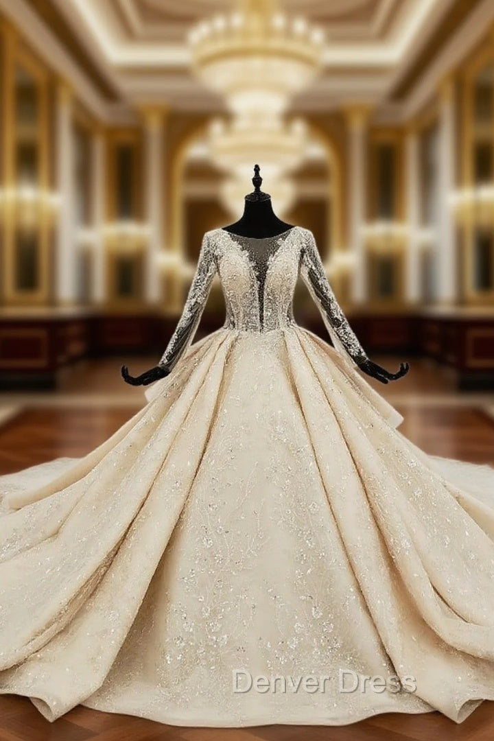 Champagne Ball Gown Tulle Sequins Appliques Long Sleeve Wedding Dresses