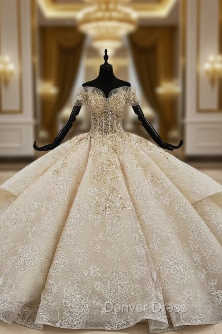 Champagne Ball Gown Tulle Sequins Appliques Off the Shoulder Luxury Wedding Dresses Main image