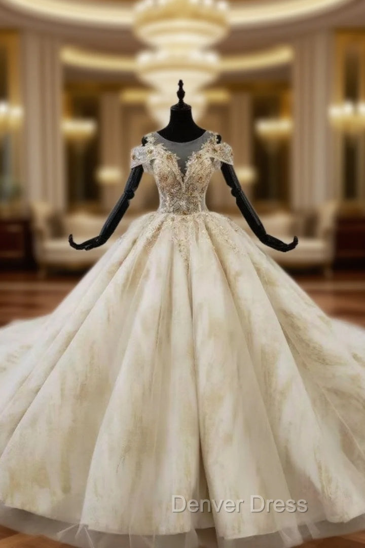 Champagne Ball Gowns Tulle Sequins Beading Wedding Dresses Main image