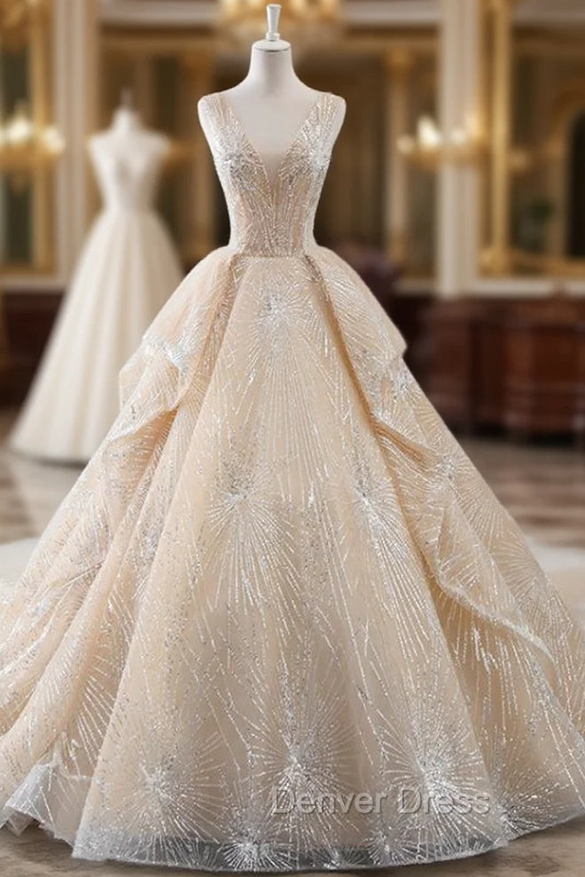 Champagne Ball Gowns Tulle Sequins Bling Bling V Neck Wedding Dresses