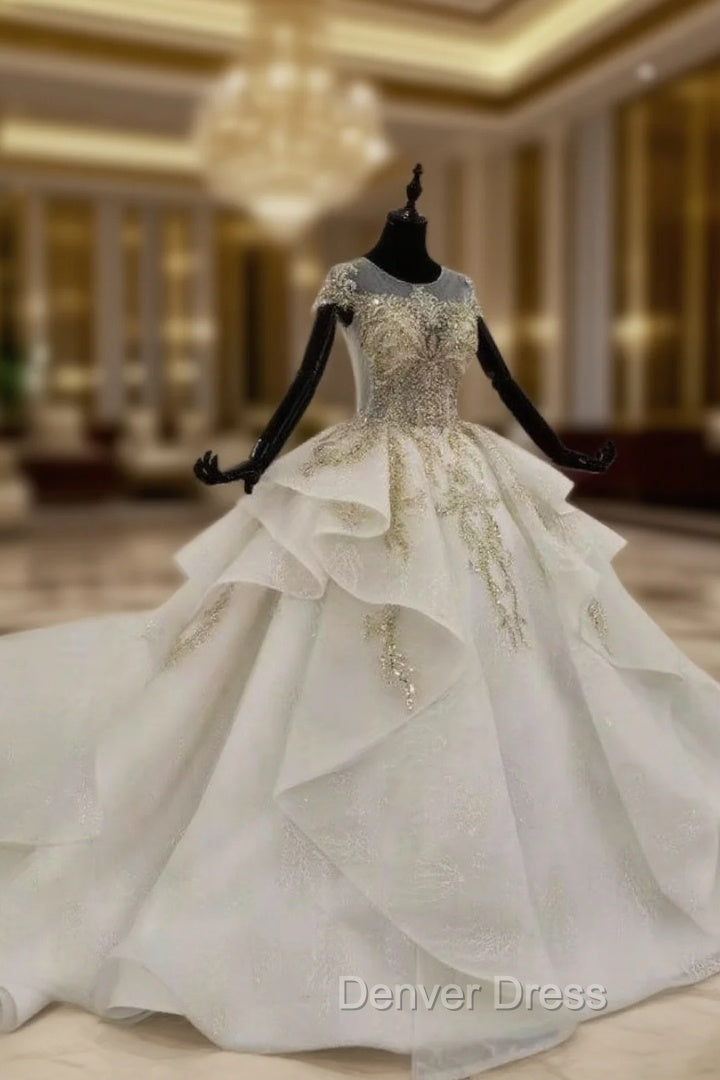 Champagne Ball Gowns Tulle Sequins Cap Sleeve Backless Wedding Dresses