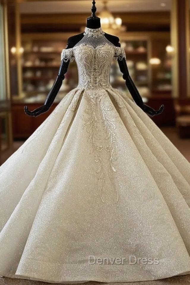 Champagne Ball Gowns Tulle Sequins Halter Beading Wedding Dresses Main image