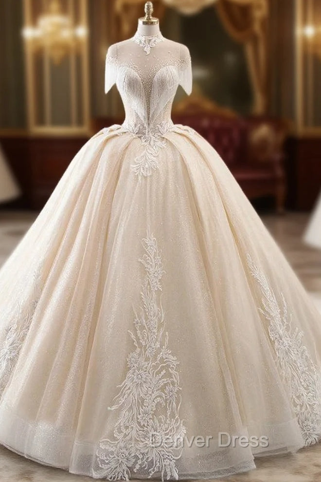 Champagne Ball Gowns Tulle Sequins High Neck Backless Wedding Dresses Main image