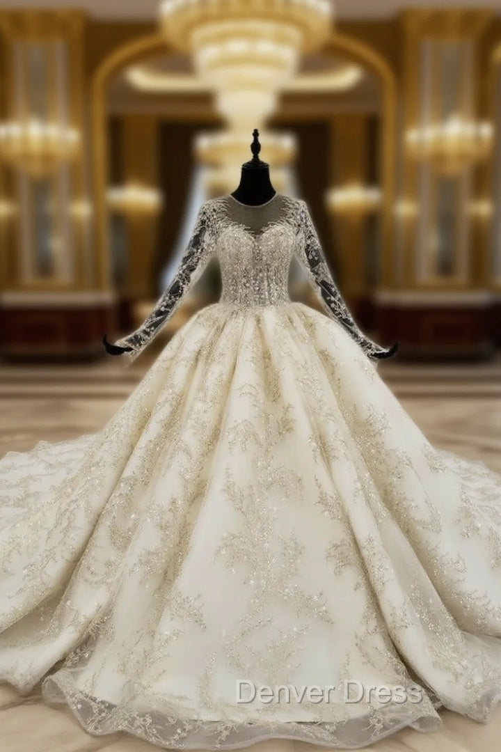 Champagne Ball Gowns Tulle Sequins Long Sleeve Backless Appliques Wedding Dresses Main image