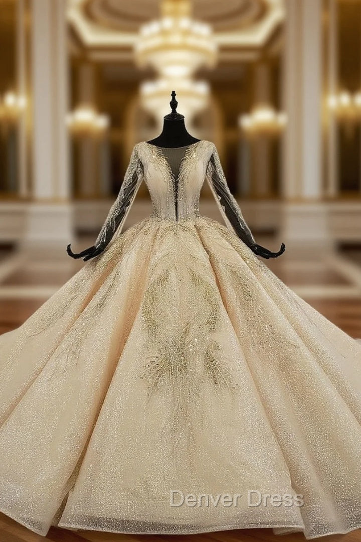 Champagne Ball Gown Tulle Sequins Long Sleeve Luxury Wedding Dresses With Beading Main image