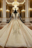 Champagne Ball Gown Tulle Sequins Long Sleeve Luxury Wedding Dresses With Beading