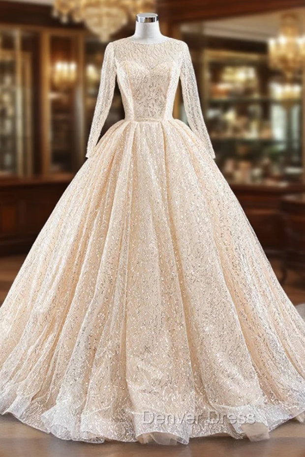 Champagne Ball Gown Tulle Sequins Long Sleeve Prom Dresses Main image