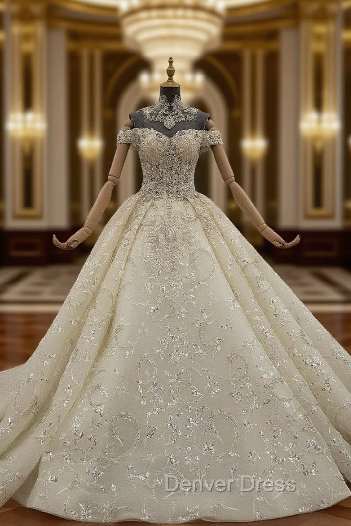 Champagne Ball Gown Tulle Sequins off the Shoulder Beading Wedding Dresses Main image