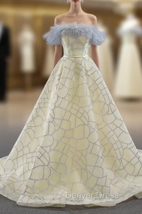 Champagne Ball Gowns Tulle Sequins Off the Shoulder Prom Dresses