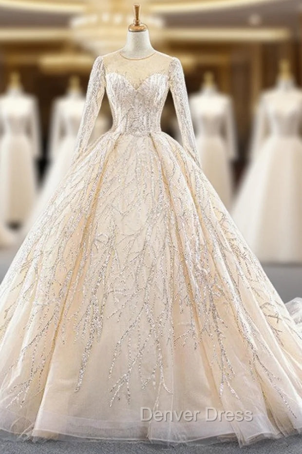 Champagne Ball Gowns Tulle Seuqins Long Sleeve Prom Dresses
