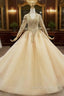 Champagne Ball Gown Tulle V-neck Long Sleeve Wedding Dresses Wit Beading