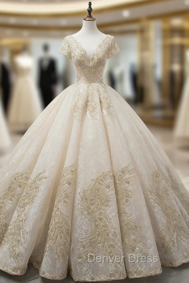 Champagne Ball Gowns V Neck Backless Tulle Appliques With Beaded Wedding Dresses Main image