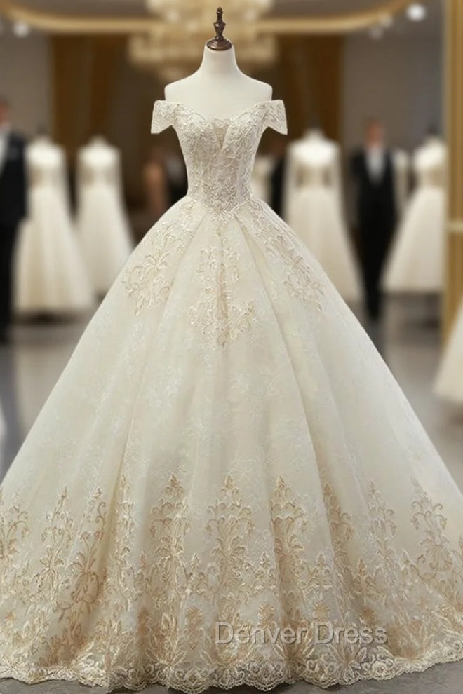 Champagne BallGowns Tulle Appliques Off The Shoulder Wedding Dresses Main image