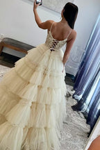 Champagne Beaded Spaghetti Strap Ruffle Tiered Ball Gowns