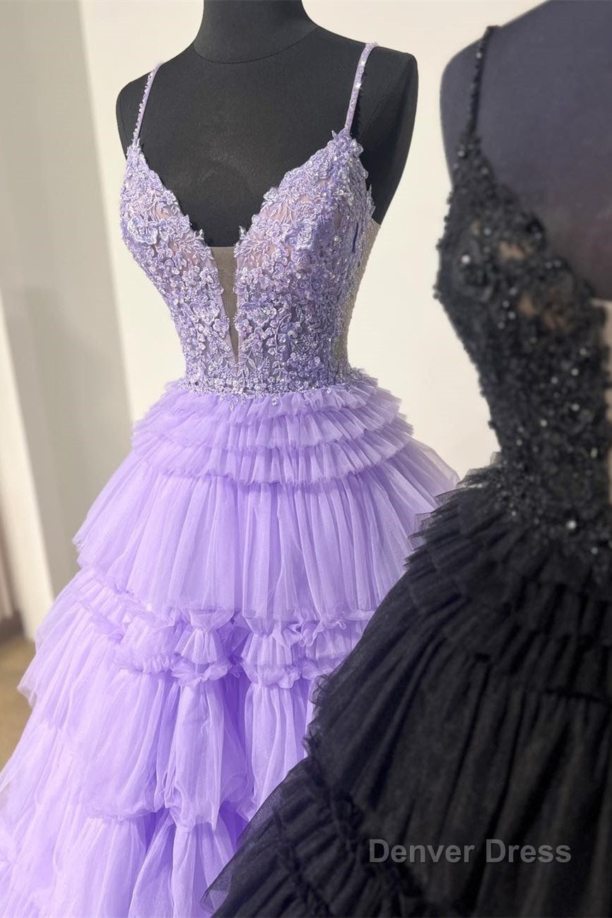 Champagne Beaded Spaghetti Strap Ruffle Tiered Ball Gowns