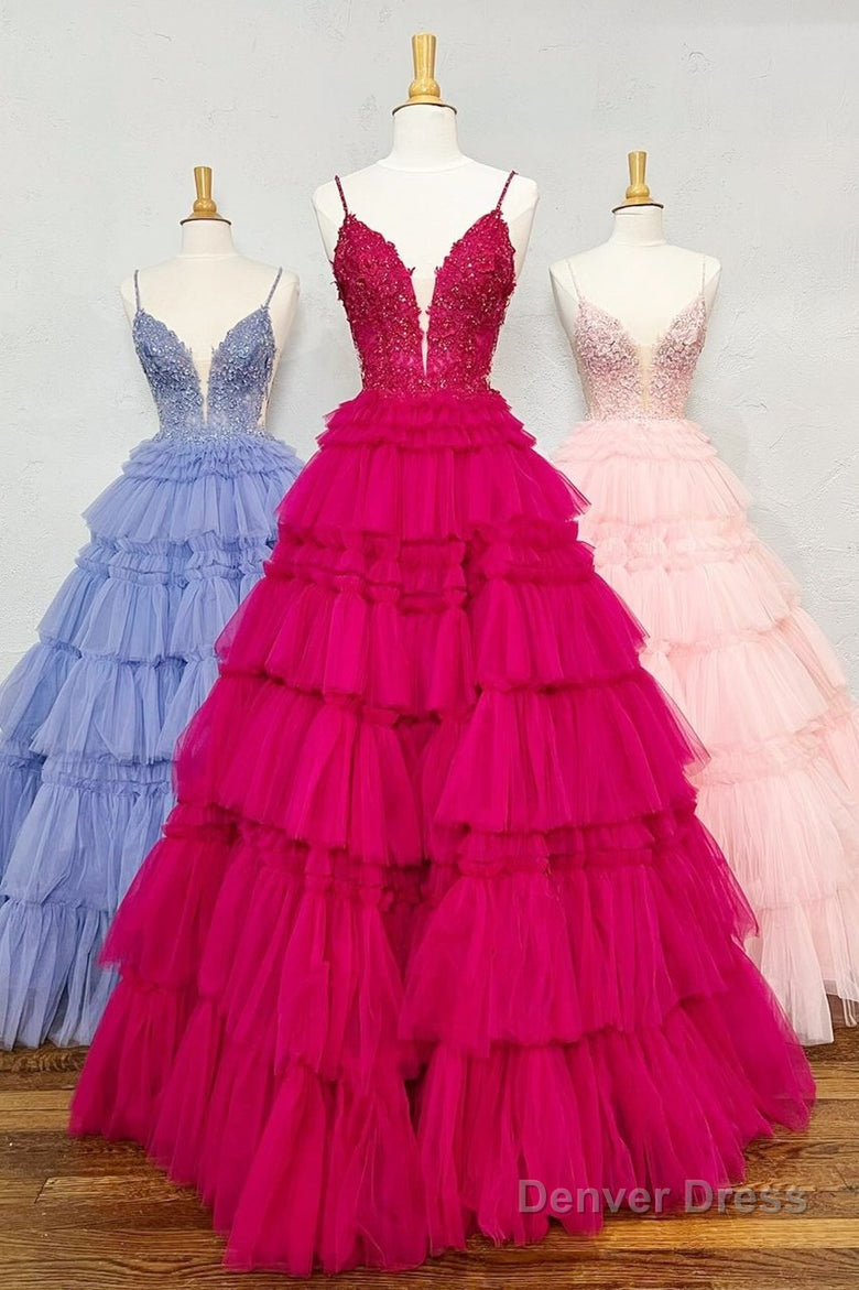 Champagne Beaded Spaghetti Strap Ruffle Tiered Ball Gown