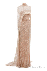 Brown Beading Prom Dresses Sweep Train High Neck Zipper Sleeveless Evening Dresses