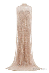 Champagne Beading Prom Dresses Sweep Train High Neck Zipper Sleeveless Evening Dresses