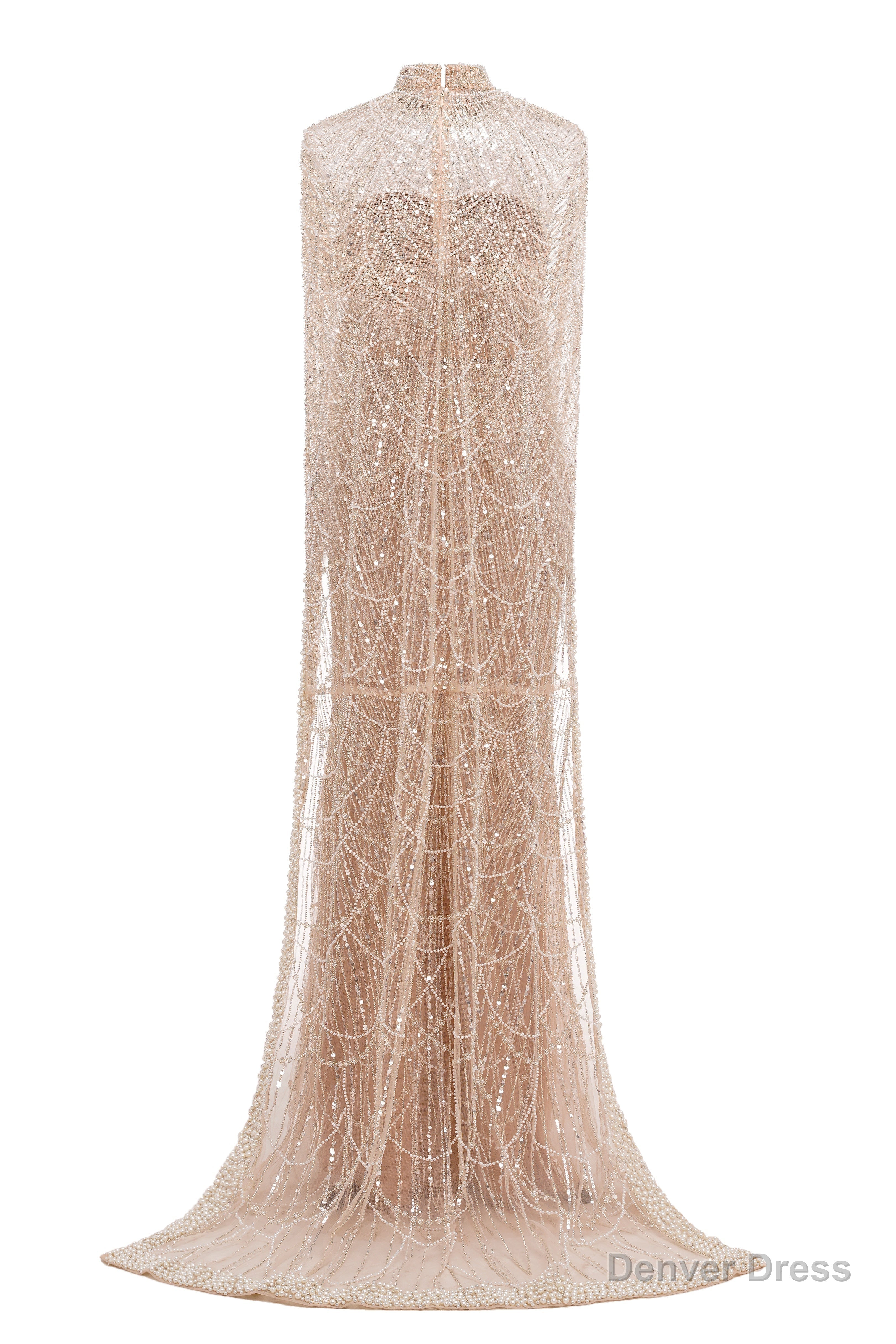 Grey Beading Prom Dress Sweep Train High Neck Zipper Sleeveless Prom Dresses