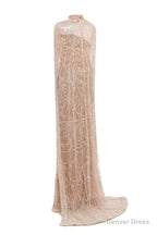 Grey Beading Prom Dress Sweep Train High Neck Zipper Sleeveless Prom Dresses