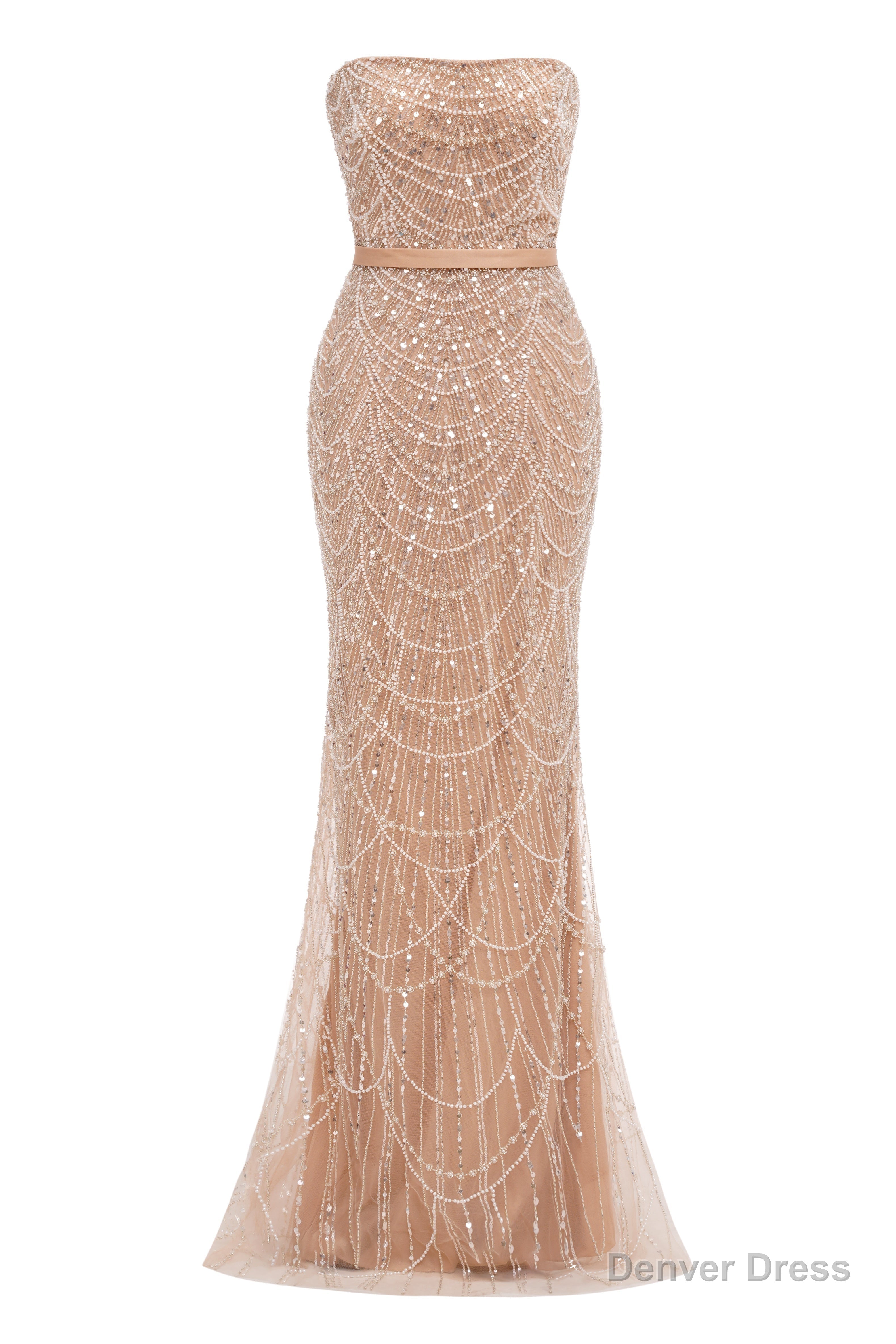 Grey Beading Prom Dress Sweep Train High Neck Zipper Sleeveless Prom Dresses
