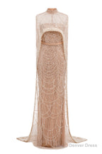 Sky Blue Beading Prom Dresses Sweep Train High Neck Zipper Sleeveless Evening Dresses