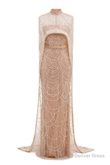 Brown Beading Prom Dresses Sweep Train High Neck Zipper Sleeveless Evening Dresses