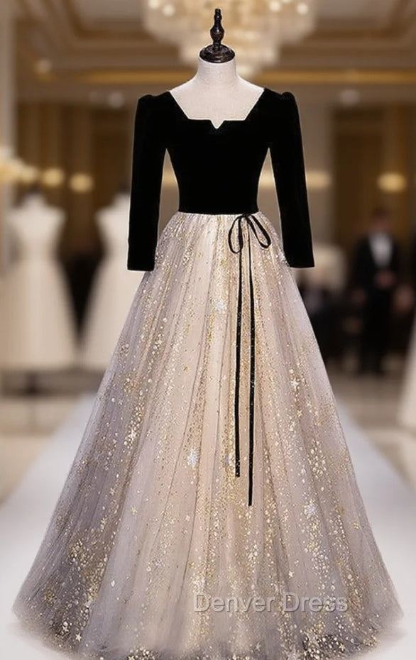 Champagne Black Tulle Short Sleeve Sequins prom Dresses