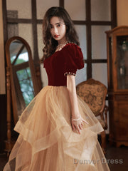 Champagne/Burgundy Tulle Long Prom Dresses, Champagne Formal Evening Dress