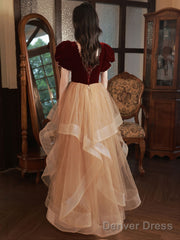 Champagne/Burgundy Tulle Long Prom Dresses, Champagne Formal Evening Dress