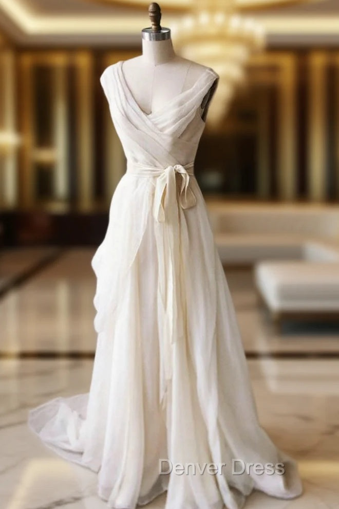 Champagne Chiffon Long A Line Prom Dress, Simple V Neck Prom Dresses