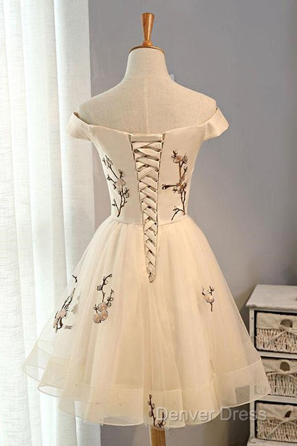 Champagne Embroidery Homecoming Dress,Tulle Short Prom Dresses
