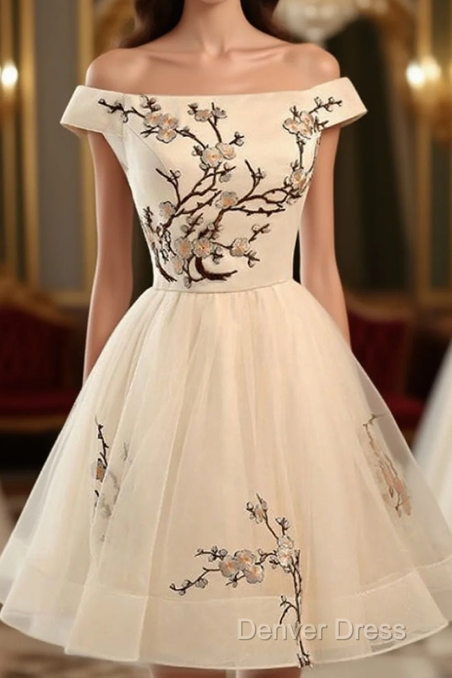 Champagne Embroidery Homecoming Dress,Tulle Short Prom Dresses Main image