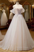 Champagne Floor Length Lace Long Prom Dress, Off the Shoulder Prom Dresses